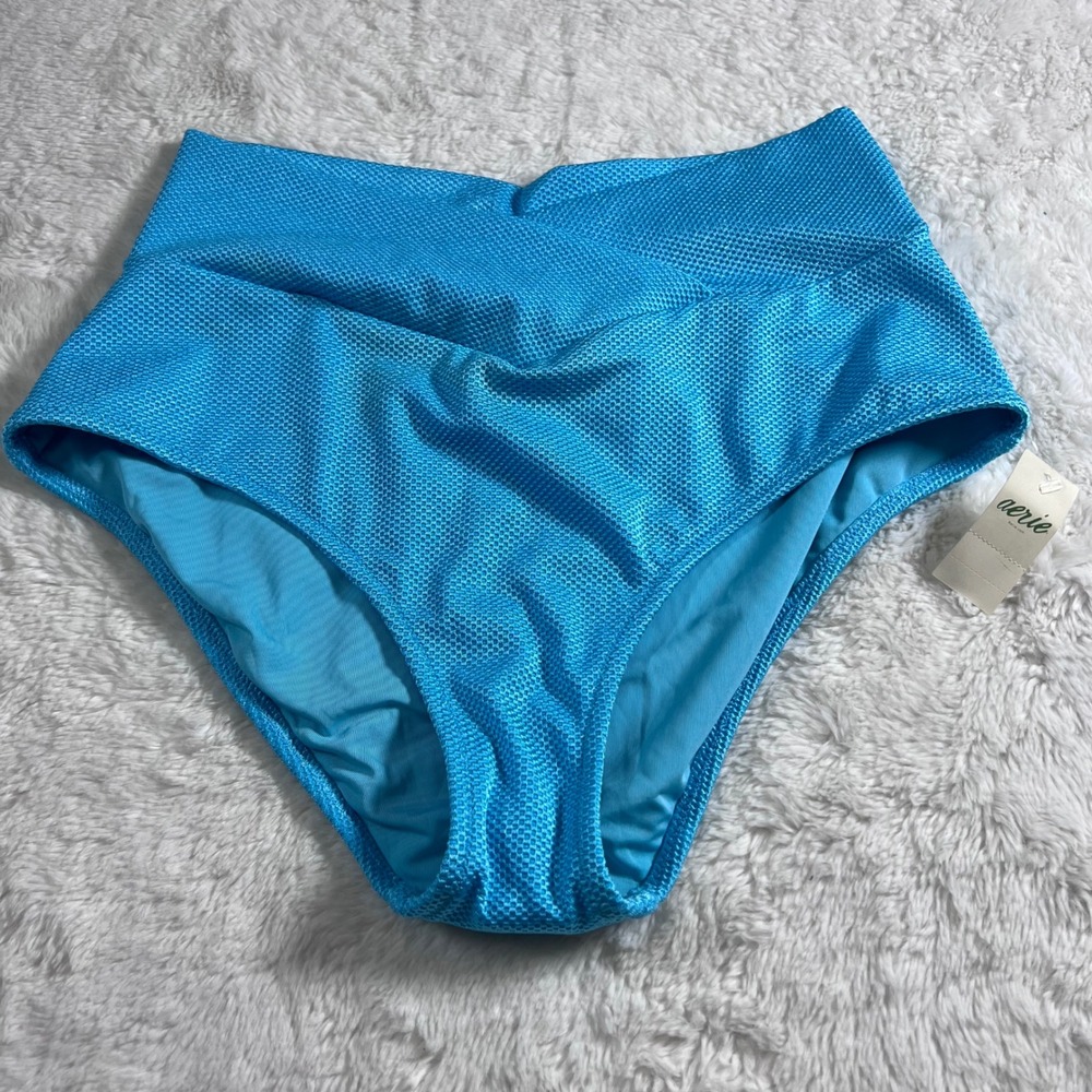 Aerie Blue Textured Mesh High Waisted Full Coverage Bikini Bottoms Medium NEW
